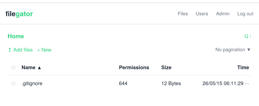FileGator authenticated dashboard showing the Permissions column for .gitignore at 644.