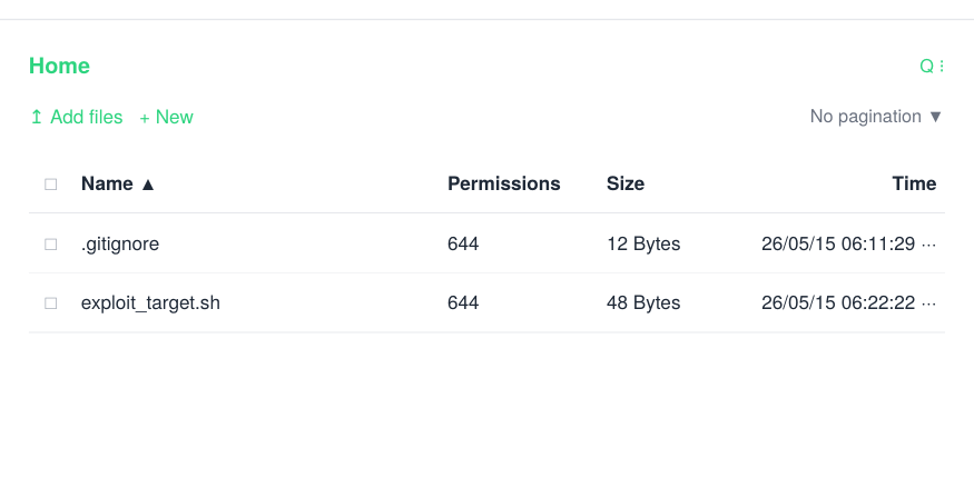 FileGator UI listing exploit_target.sh with permissions 644 before the exploit.