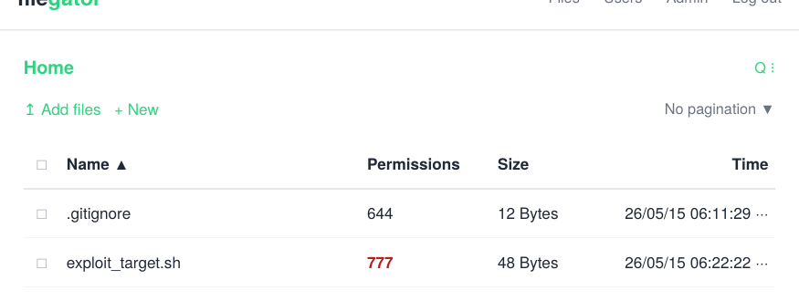 FileGator UI listing exploit_target.sh with permissions 777 after the exploit.